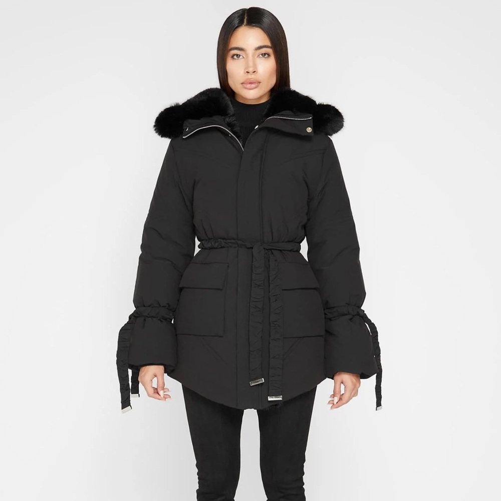 FAUX FUR LONGLINE COAT - BLACK/BLACK
